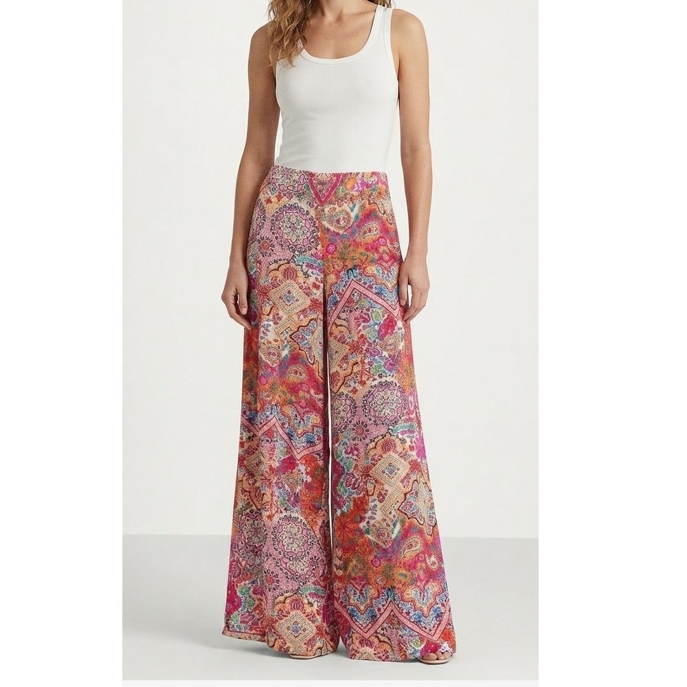 LAUREN RALPH LAUREN Wide Leg Palazzo Pants Paisley Pink Resort Beach TRAVEL Sz L